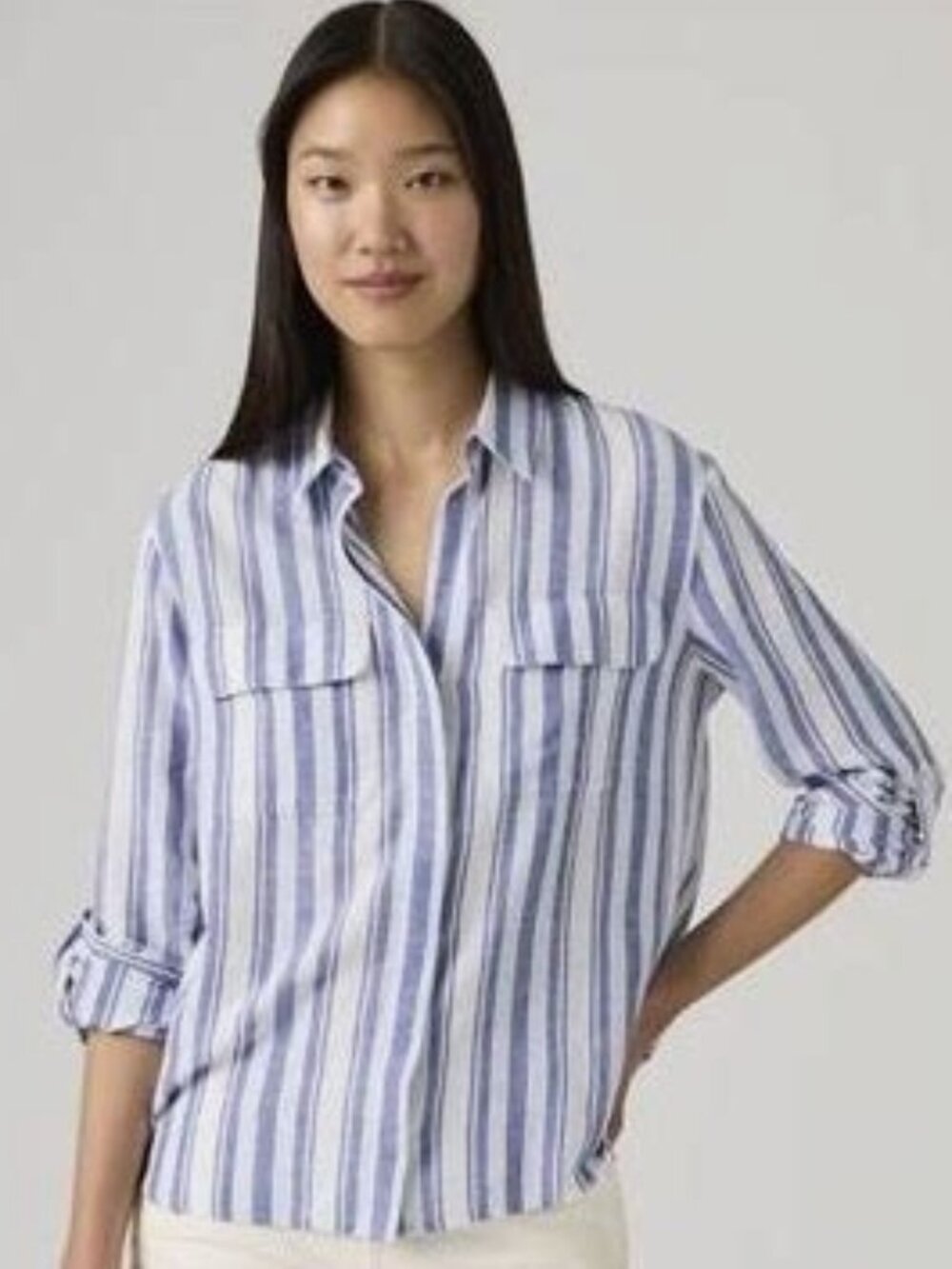 NWT Levi's Red Tag Elaine Utility Linen Shirt in Bold Stripe Blue - size L